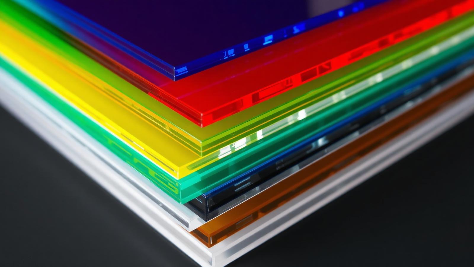 Stack of coloured cast acrylic sheets in clear, opal, red, blue, green, yellow and black - part of the JINBAO acrylic range distributed by Plastics Direct