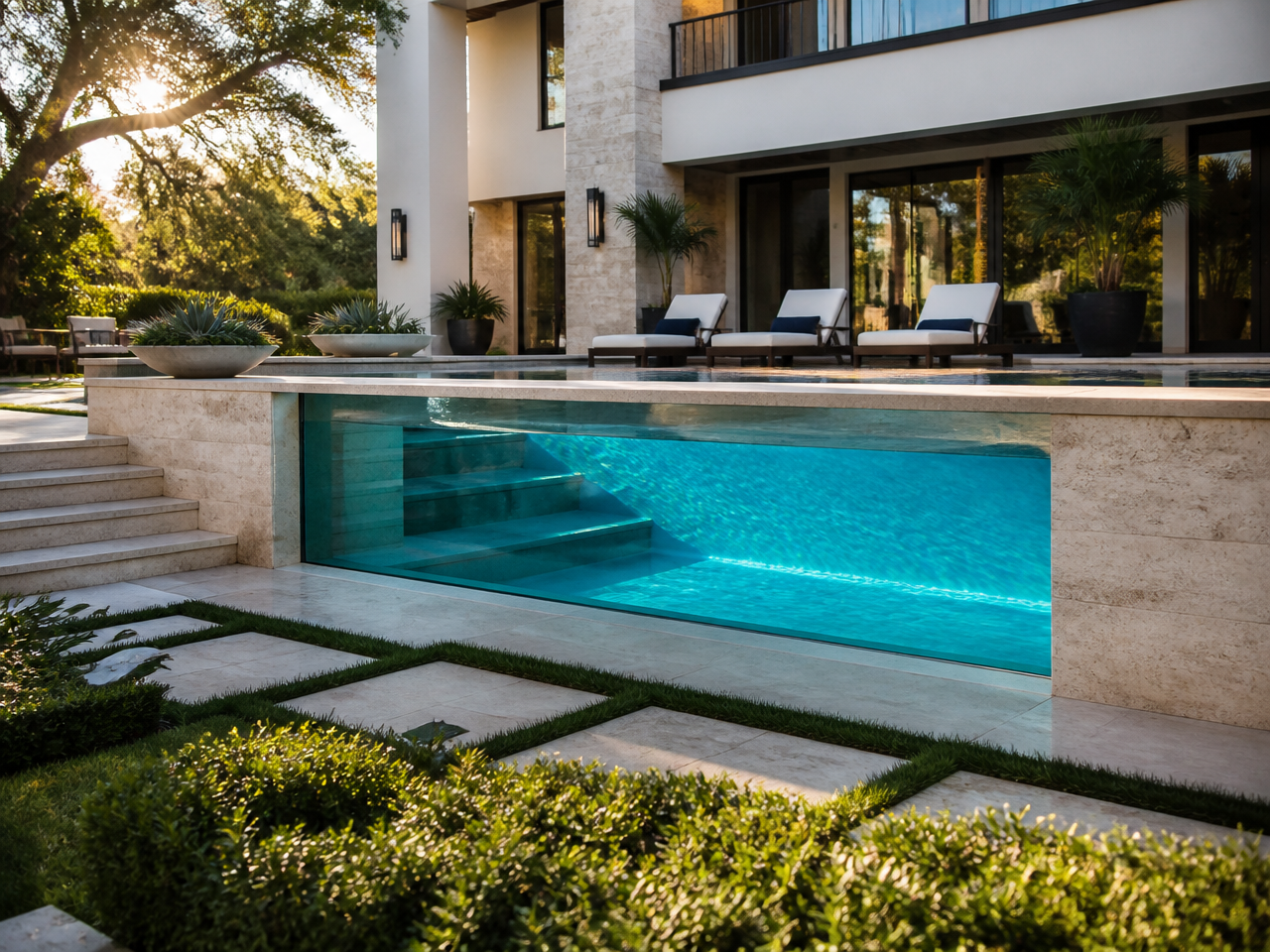 80 mm cast acrylic pool viewing window installed in a travertine-clad backyard swimming pool, showing crystal-clear water and tiled interior through the panel.