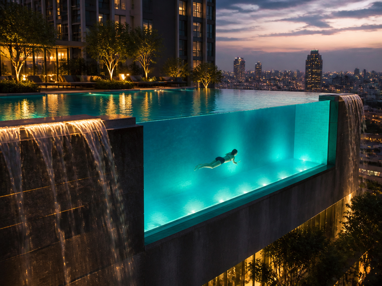 Full-height 100 mm acrylic side panel on a cantilevered rooftop infinity pool at dusk, with illuminated water glowing through the transparent wall.