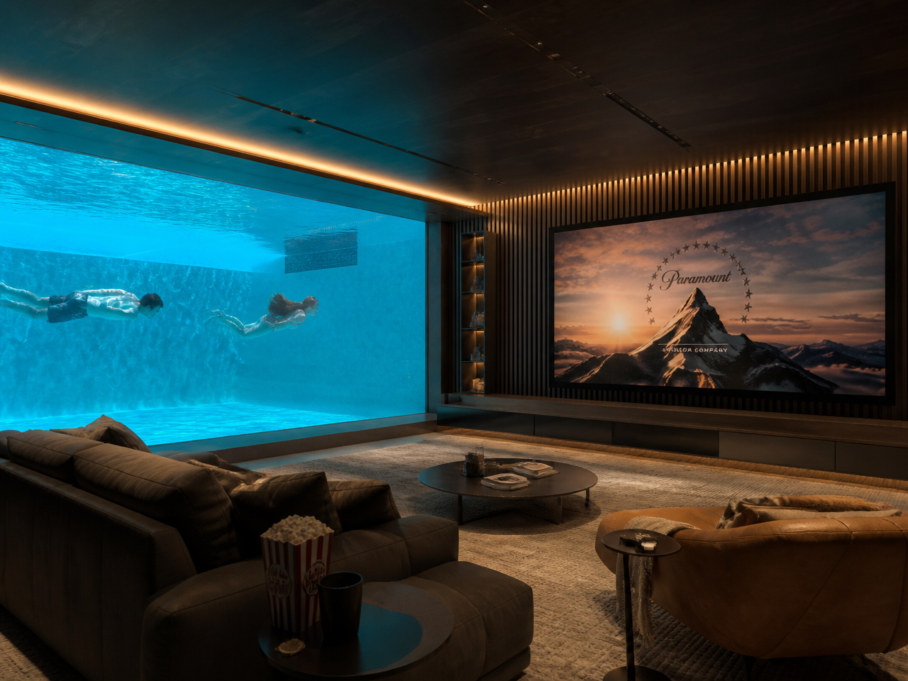 Bonded acrylic pool window forming an entire wall of a basement home cinema lounge, revealing the swimming pool above as a live underwater feature.