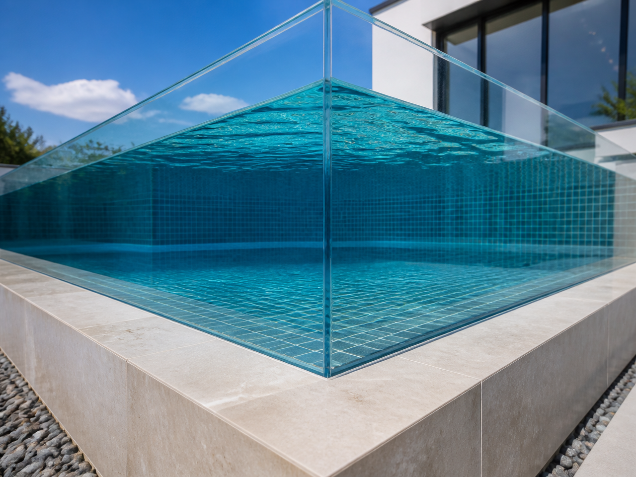 Chemically bonded 90-degree L-shaped acrylic pool window corner with a virtually invisible seamless joint between two thick cast acrylic panels.